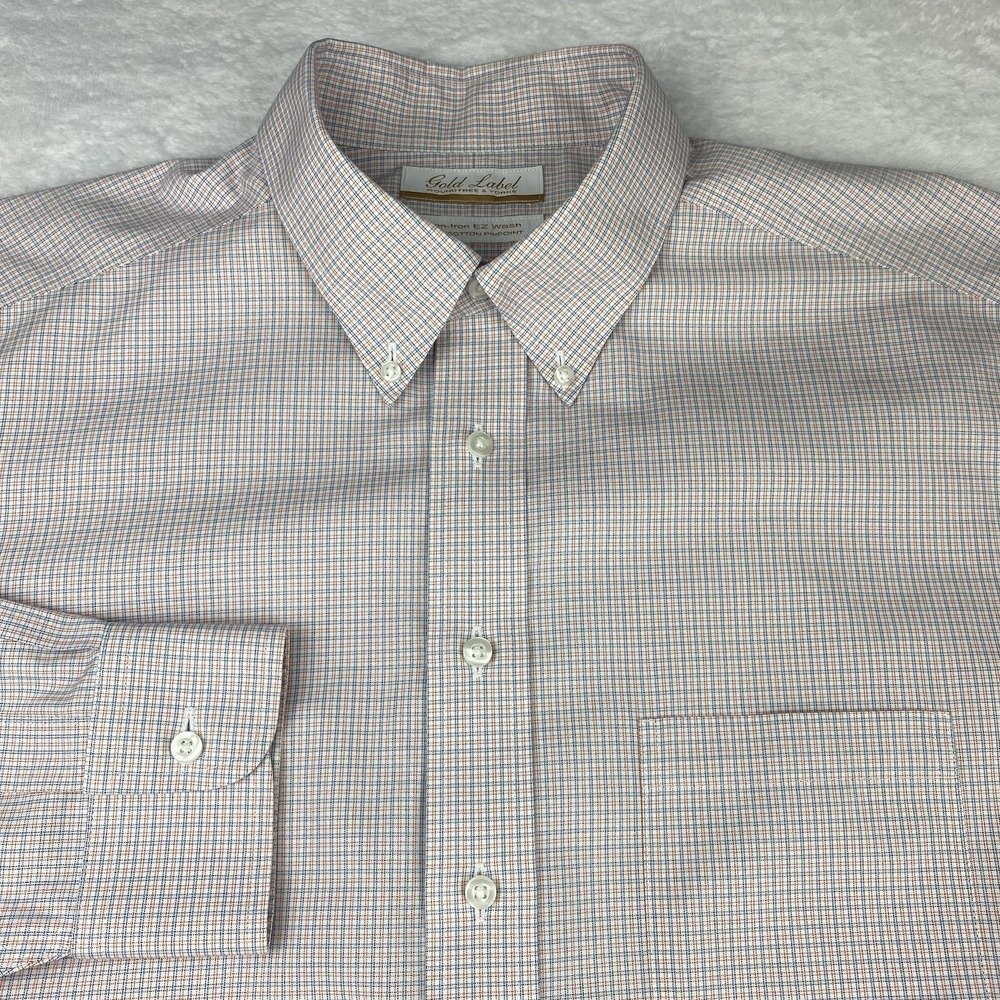 Roundtree & Yorke Gold Label Dress Shirt Mens 16.5-34 Pink/Blue Checks No Iron